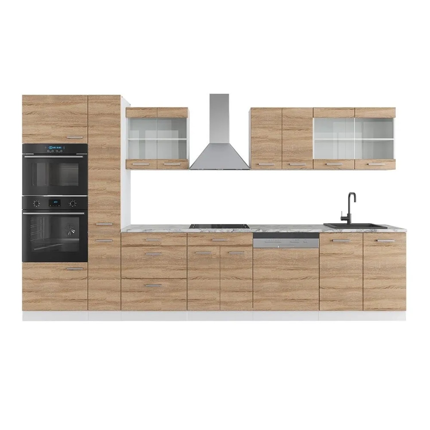 Vicco R-Line Küchenzeile Sonoma Weiß 350 cm mit HochschrankAP Marmor ohne E-Geräte
