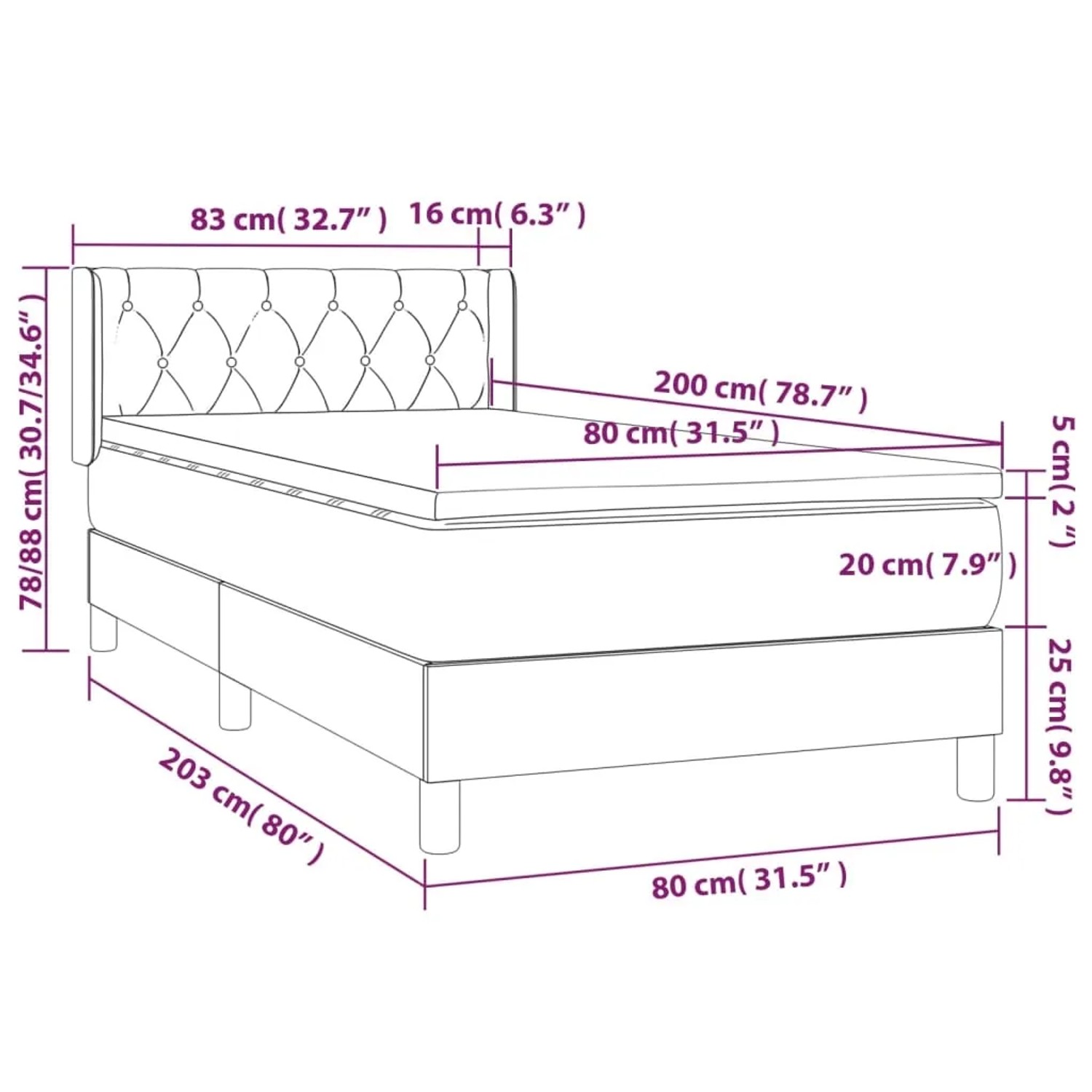 vidaXL Boxspringbett dunkelgrau, 80x200 cm, Samtbett mit Matratze und Kopfteil, Maßangaben.