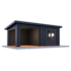 Modernes, anthrazitfarbenes Finnhaus Wolff WPC Gerätehaus Tona 6030 mit Doppeltür und überdachtem Bereich.