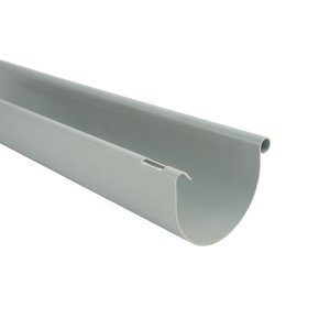 Graue Marley Dachrinne RG 75, 2 m lang, aus Kunststoff.