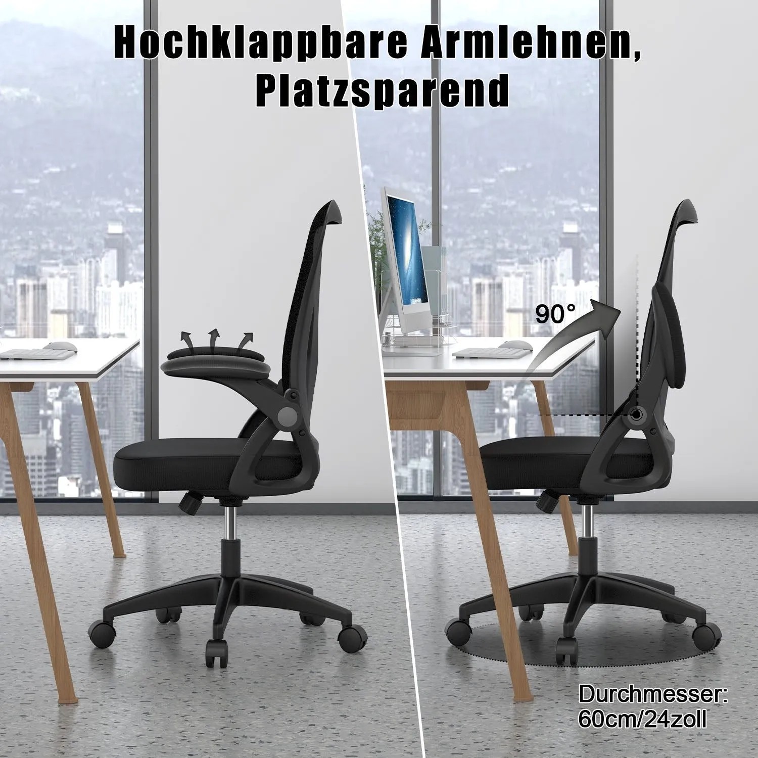 Ergonomischer, schwarzer Drehstuhl mit Mesh-Lehne und klappbaren Armlehnen vor Fenster.