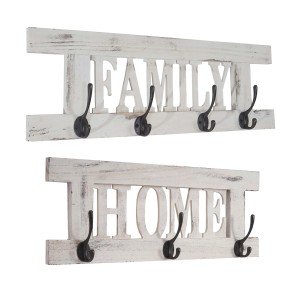 MCW Wandgarderobe C60 Shabby, 2-teilig, weiß. Garderobenpaneele mit Schriftzug "Home" und "Family" und Metallhaken.