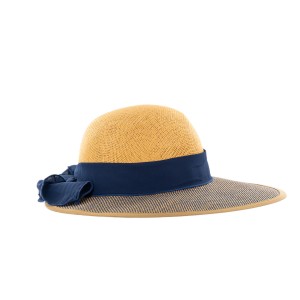 Blackfox Damenhut Laurine, beige-blauer Strohhut mit breiter Krempe und Schleife.