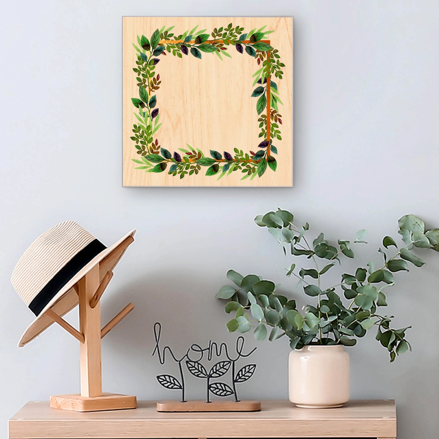 Banjado Schlüsselkasten Holz, 30x30cm, schwarz, mit Blätterrahmen-Motiv und 50 Haken zur Schlüsselaufbewahrung.