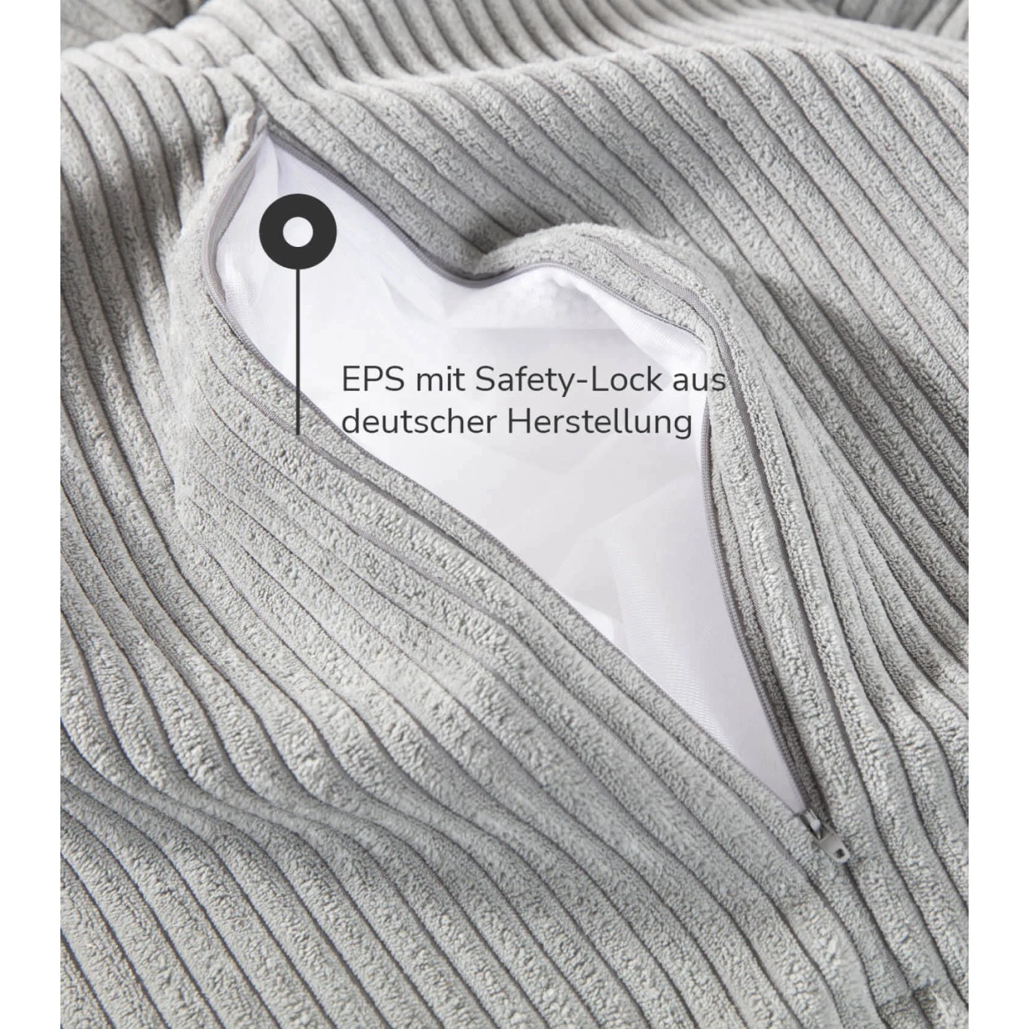 Detailaufnahme: Grauer Cord mokebo Hocker mit Reißverschluss und EPS-Füllung mit Safety-Lock.