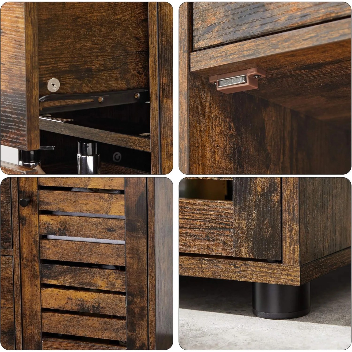 Detailansicht: Songmics Badezimmerschrank Hanis, braun, mit Schubladen, Holzstruktur, Füße, Scharniere.
