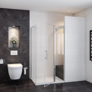 AICA Eckdusche 120x90cm mit klarer Pendeltür, 6mm ESG Glas und glänzenden Chromprofilen in modernem Badezimmer.