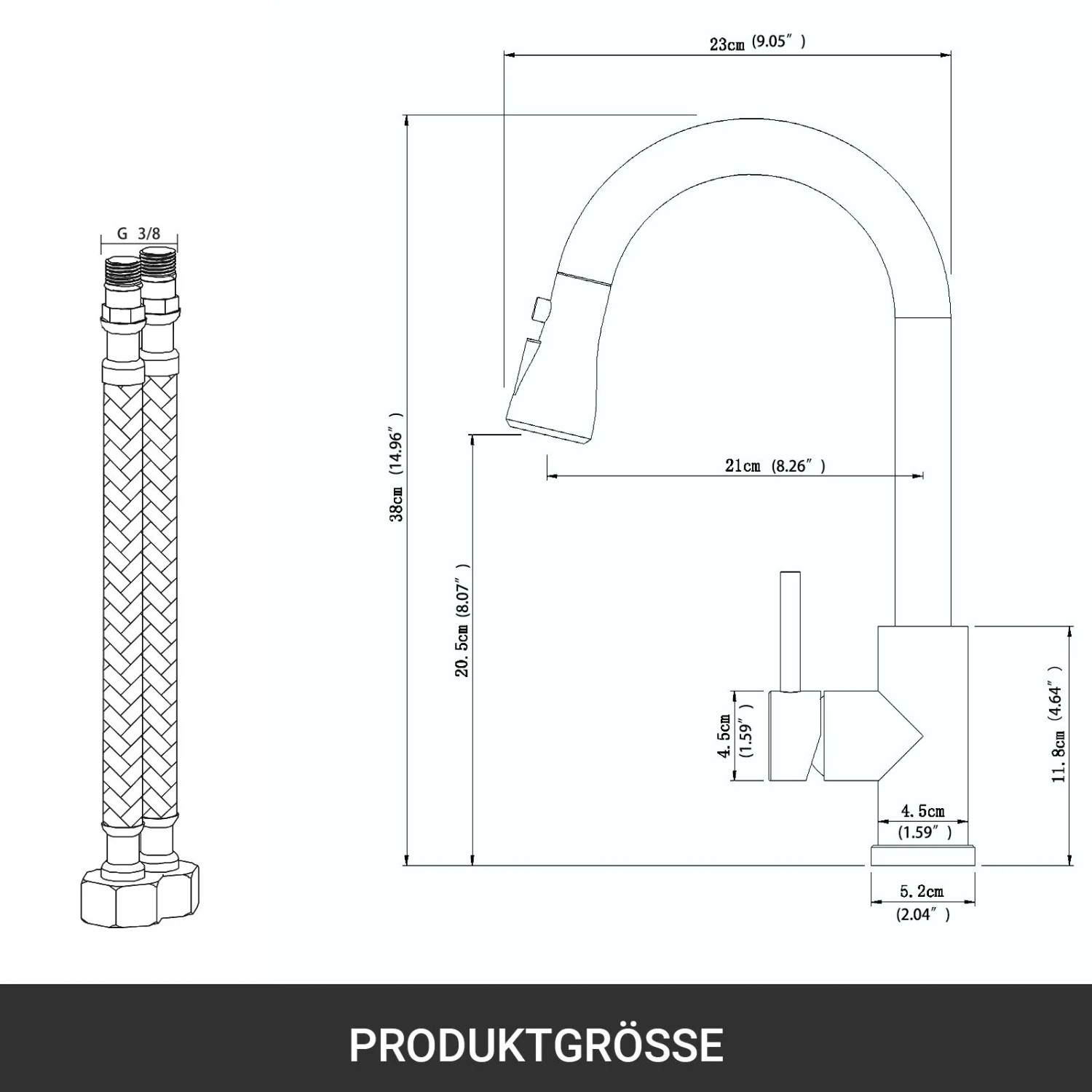 Skizze einer verchromten Küchenarmatur mit Auszug und Maßangaben.