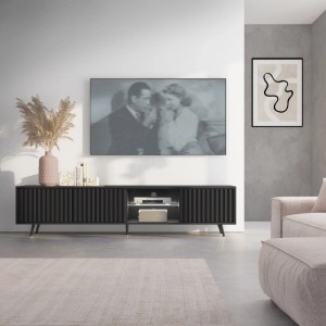 TV-Lowboard Bello 175 cm Schwarz / Lamelle mit LED und Schwarzen Beinen