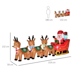 Aufblasbarer Weihnachtsmann auf rotem Schlitten mit vier Rentieren und LED-Beleuchtung. Festliche Weihnachtsdekoration.