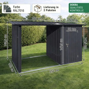 Albatros Gerätehaus M mit Holzunterstand, anthrazitfarben, aus verzinktem Metall.
