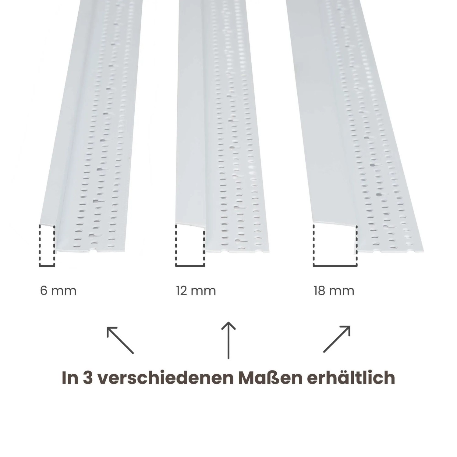 Drei weiße Protektor Schattenfugenprofile für Trockenbau in 6, 12 und 18 mm Breite. PVC-Putzträger für saubere Wand- und Deckenabschlüsse.