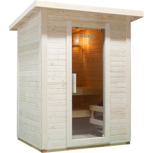 Home Deluxe Saunahaus Talo M aus Fichte mit Glastür und 4,5 kW Ofen.