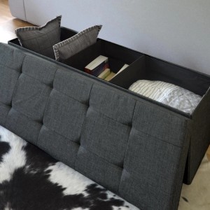 Dunkelgraue DuneDesign Sitzbank mit Truhe (120L) und 2 Trennwänden, 110x38x38 cm.