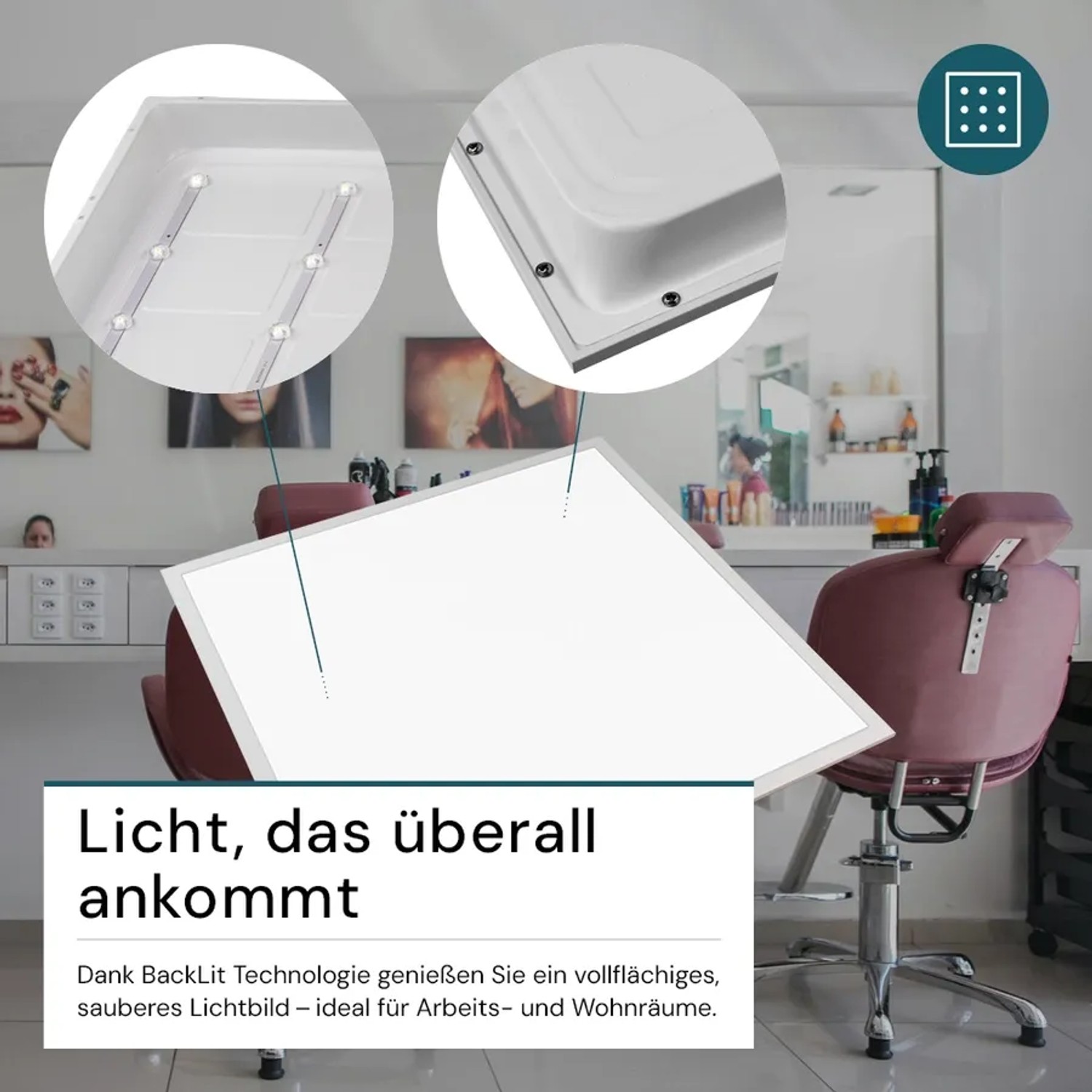 Weißes LUXULA LED Panel 62x62 cm, 6000K kaltweiß, mit Backlit-Technik. Zeigt LEDs und Rahmen. Ideal für Bürodecken.