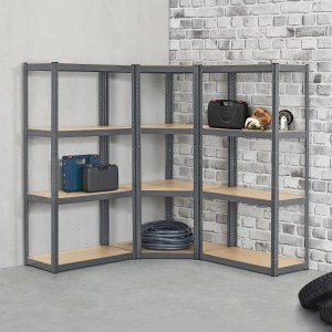 Graues Juskys 3er Regalsystem mit 12 Böden und hoher Tragkraft für Keller, Garage oder Werkstatt.