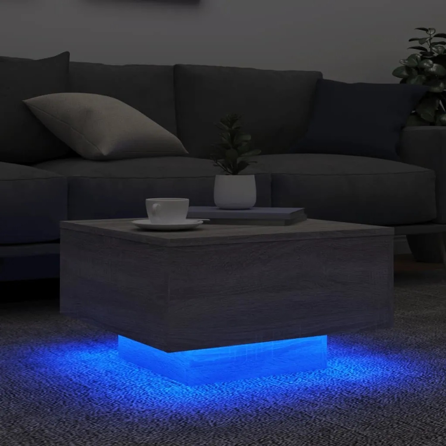 Moderner Couchtisch Grau Sonoma mit LED-Beleuchtung, quadratisch, 55x55x31 cm.