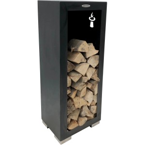 Stehendes, schwarzes Holzlager aus Stahl, 123x50x39 cm, gefüllt mit Holzscheiten. Praktisch für Grillutensilien.
