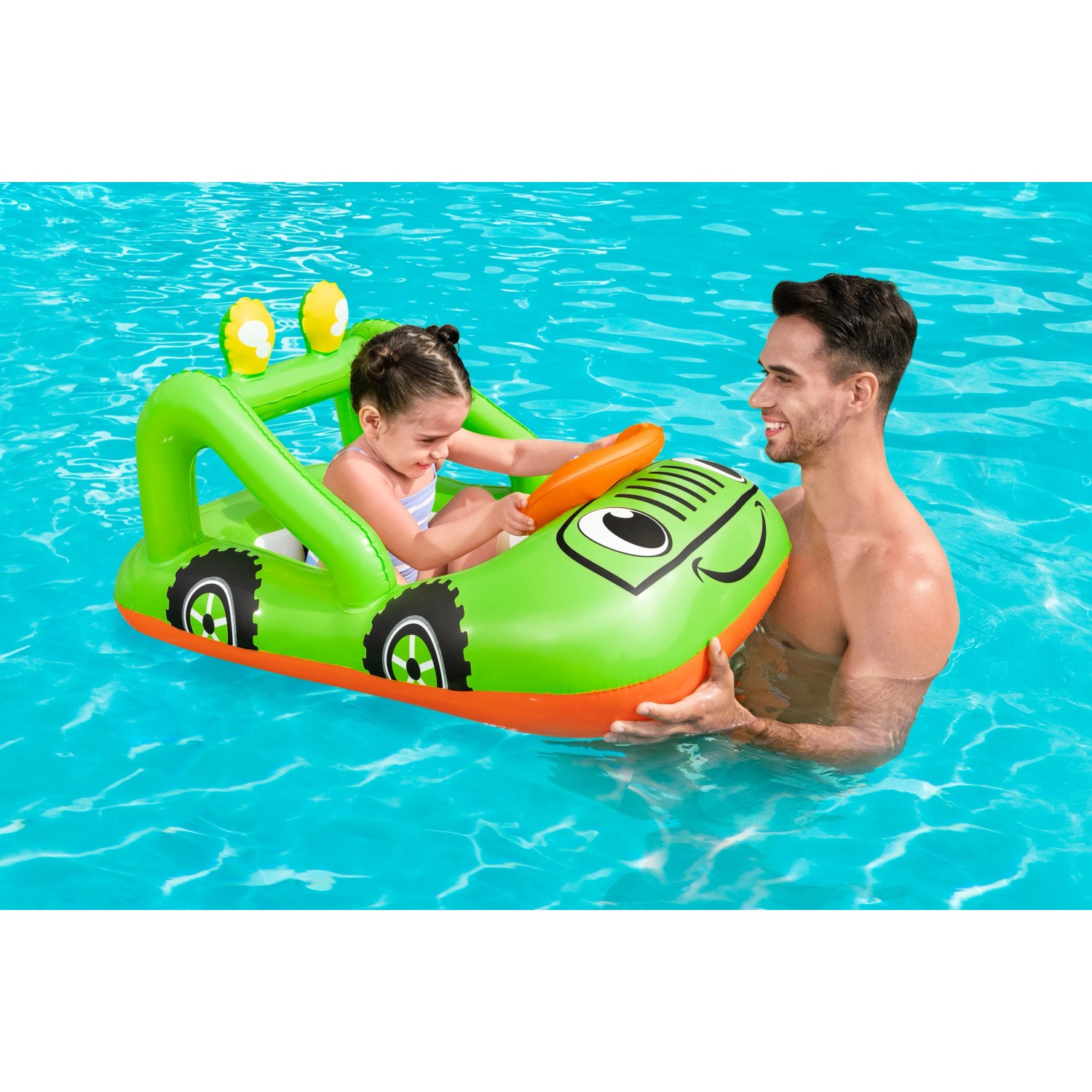 Bestway Kinder-Schlauchboot Lil' Navigator im Wasser mit Kind und Erwachsenem.