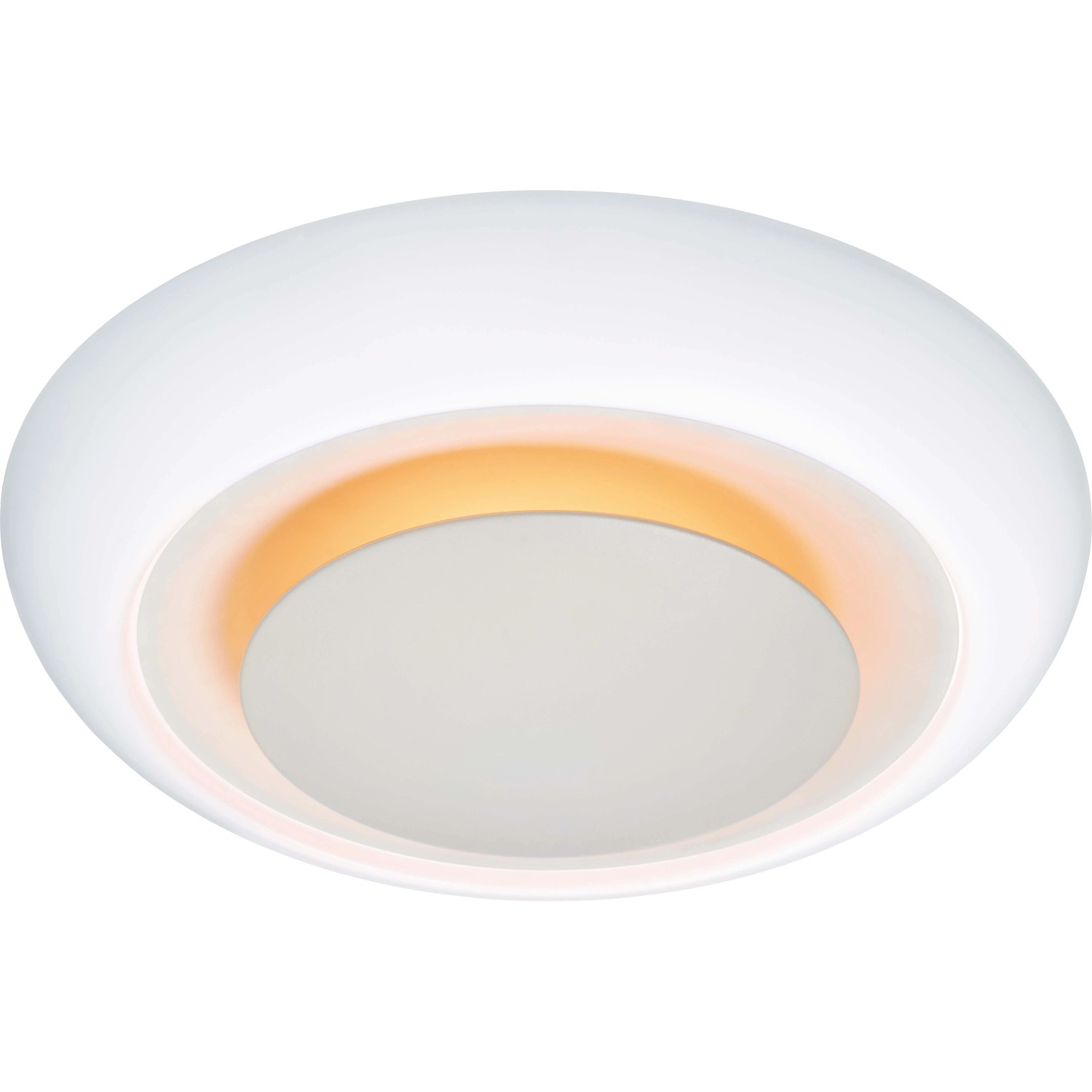 Weiße LED-Deckenleuchte Ferrilo, 50 cm Durchmesser, mit Farbwechsel-LEDs in der Mitte.