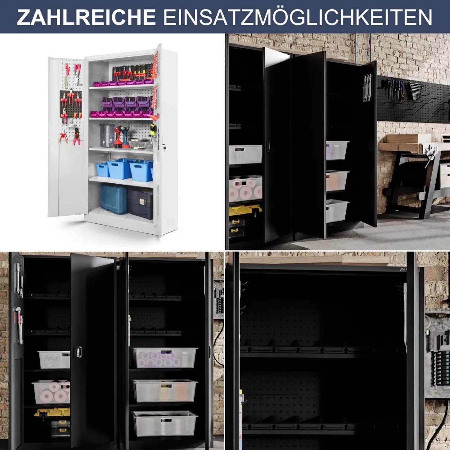 DELUKE Werkzeugschrank mit Lochwand, 5 Ebenen, abschließbar, 185x92x50cm, Grau.