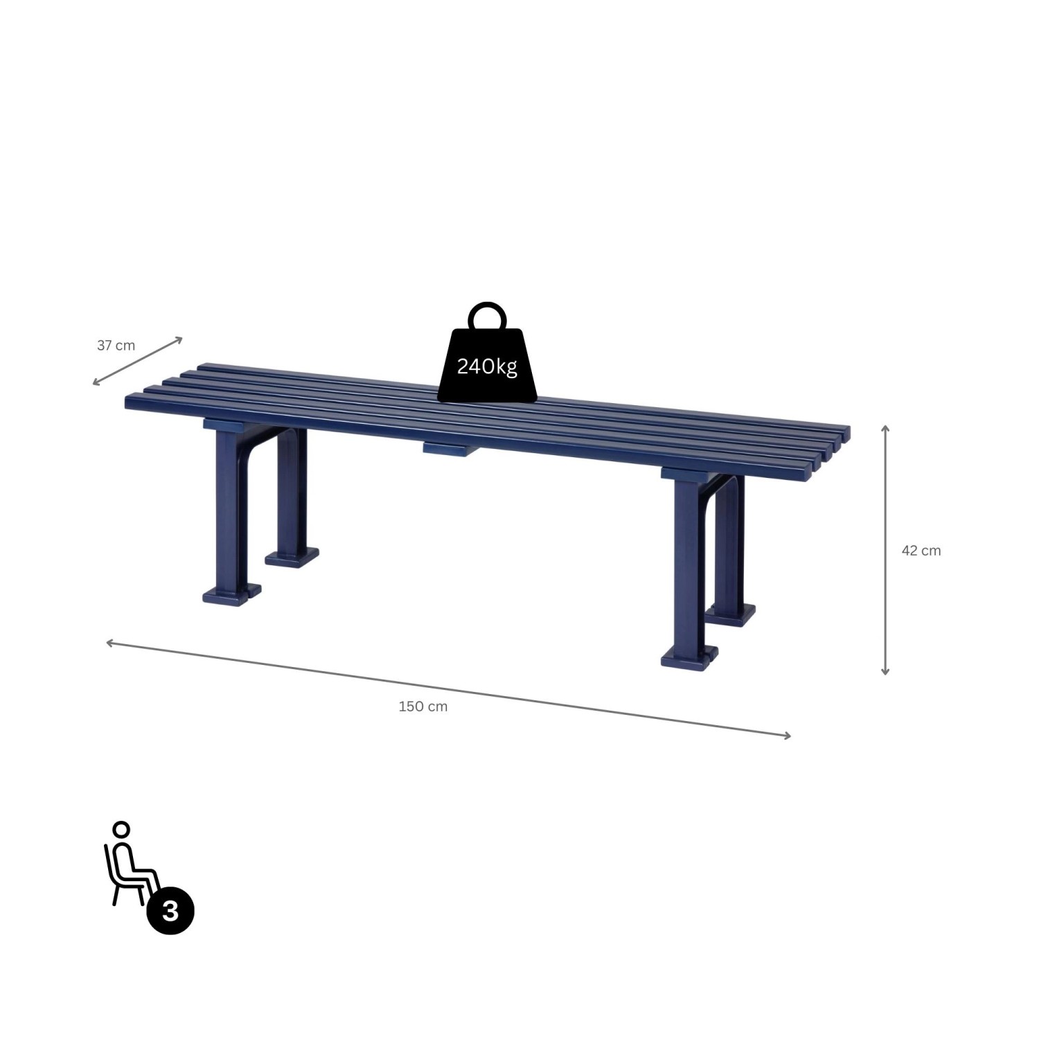 Blaue 3-Sitzer Gartenbank Kuba (150 cm) aus witterungsbeständigem Kunststoff. Parkbank/Sitzbank ohne Lehne.