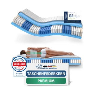 AM Premium Taschenfederkernmatratze 160x200 cm mit 7 Zonen und atmungsaktivem Bezug.
