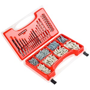 Bit- und Bohrerkoffer, 577-teilig, mit Bohrern, Bits, Schrauben und Dübeln im roten Koffer.