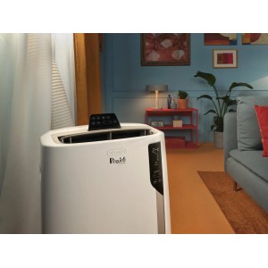 Mobiles DeLonghi Klimagerät Pinguino PAC EL112 in Weiß, mit Bedienfeld und Display im Wohnraum.