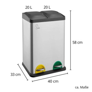 Silberner Svita 40L Edelstahl Mülleimer mit 2x20L Fächern für Mülltrennung. Gelbe und grüne Tretpedale.