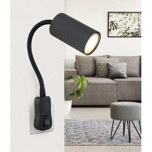 Schwarze Globo Wandlampe Robby, 1-flammig, mit Flexarm und Schalter. Ideal als Leselampe.