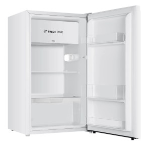 Offener, weißer PKM KS93E Kühlschrank mit LED-Beleuchtung und Kaltlagerzone.