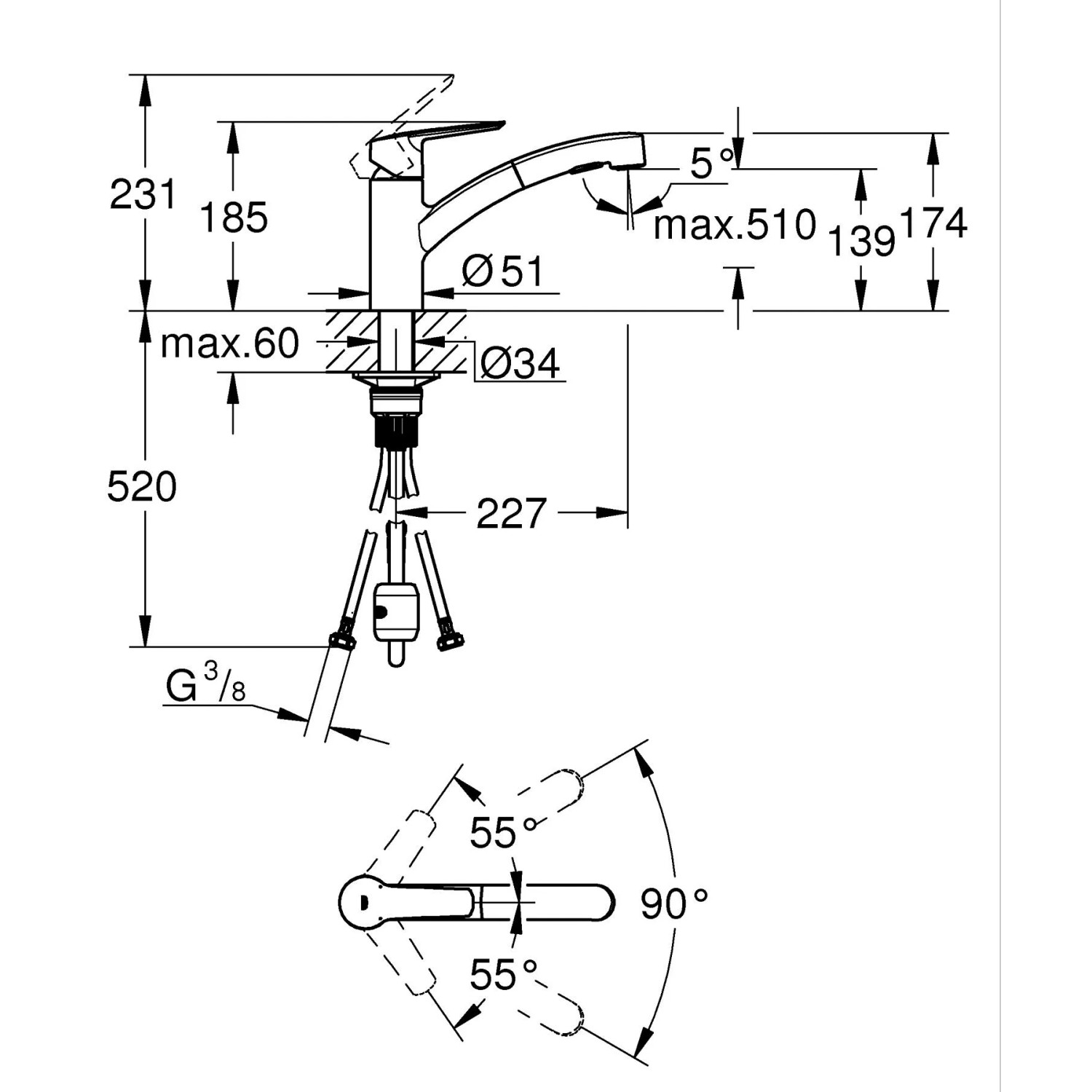 Technische Zeichnung: Grohe QuickFix Spültischarmatur Start Chrom mit Dualbrause, Maße und Winkel.