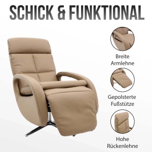 Drehbarer MCW Relaxsessel L11 aus Voll-Leder in Taupe mit verstellbarer Rücken- und Fußlehne.
