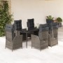 7-tlg. Garten-Essgruppe aus grauem Rattan mit Kissen. Gartentisch mit 6 Stühlen, verstellbare Rückenlehne.