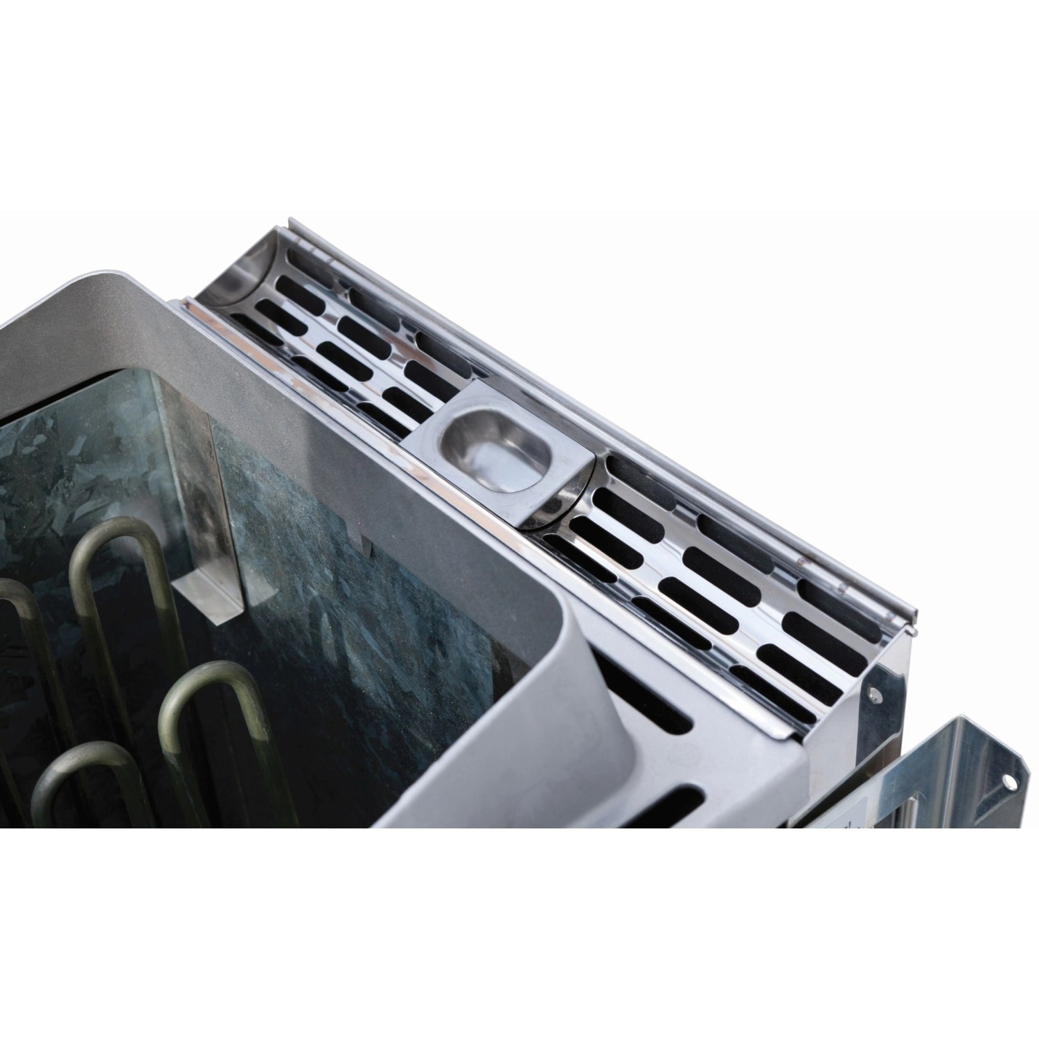 Detailaufnahme Karibu Saunaofen Bio Set: Edelstahl Kräuterschale und Heizelemente.