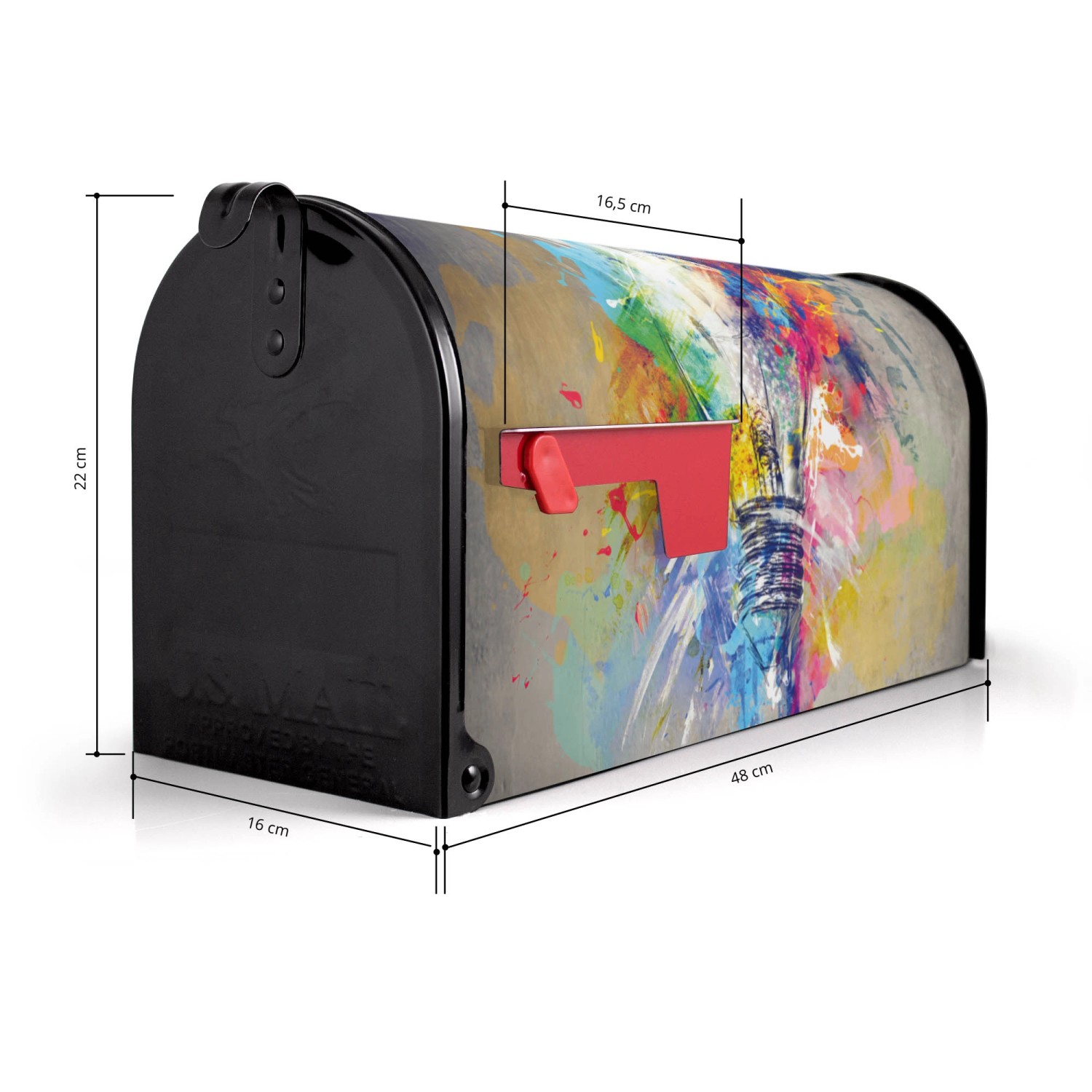 Banjado US Briefkasten Schwarz mit Motiv, 48x22x16cm, Stahl, pulverbeschichtet.