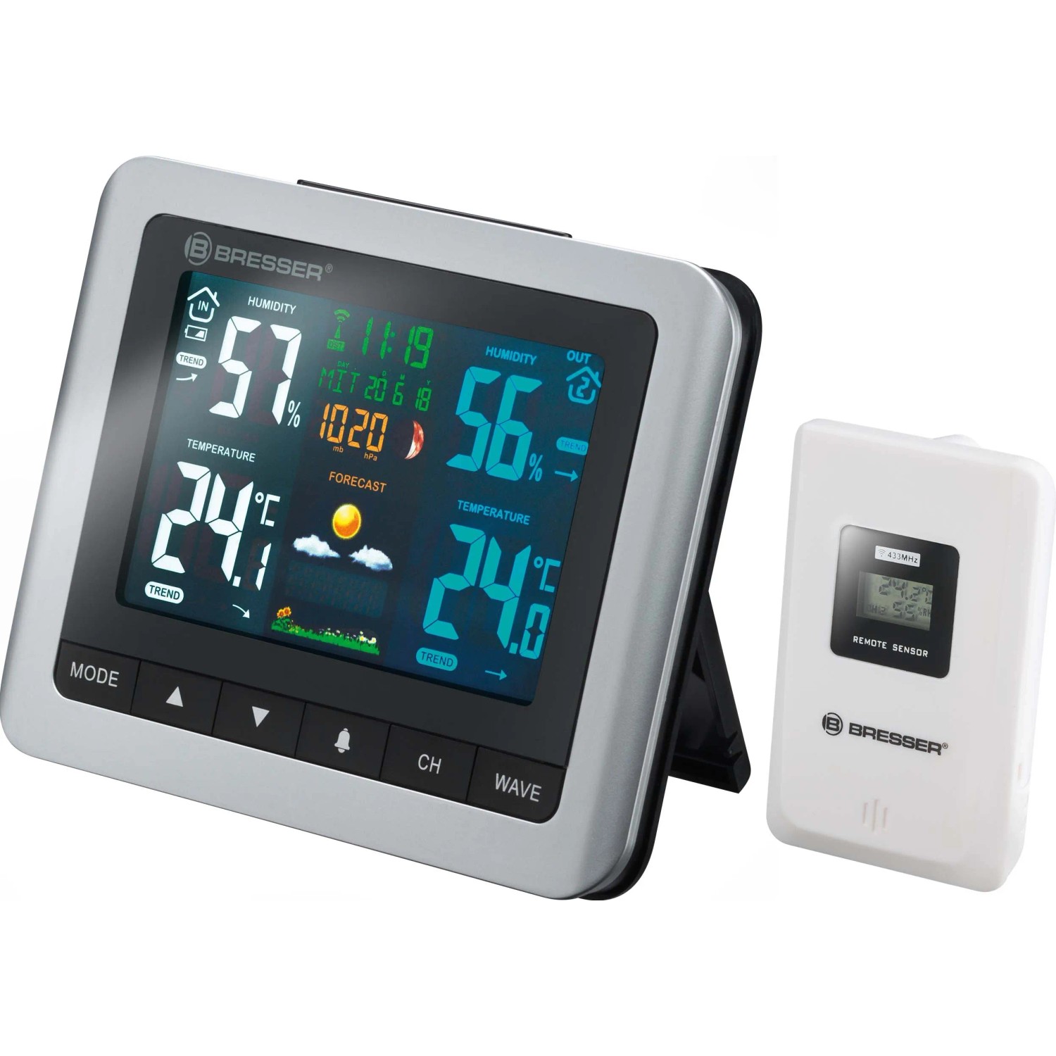 Bresser Wetterstation in Silber und Schwarz mit Außensensor zur Anzeige von Innen- und Außenklima.