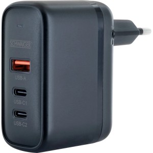 Schwaiger Ladeadapter, schwarz, mit 1x USB-A (orange) und 2x USB-C Anschlüssen. Kompaktes 230V USB-Ladegerät für Smartphones.