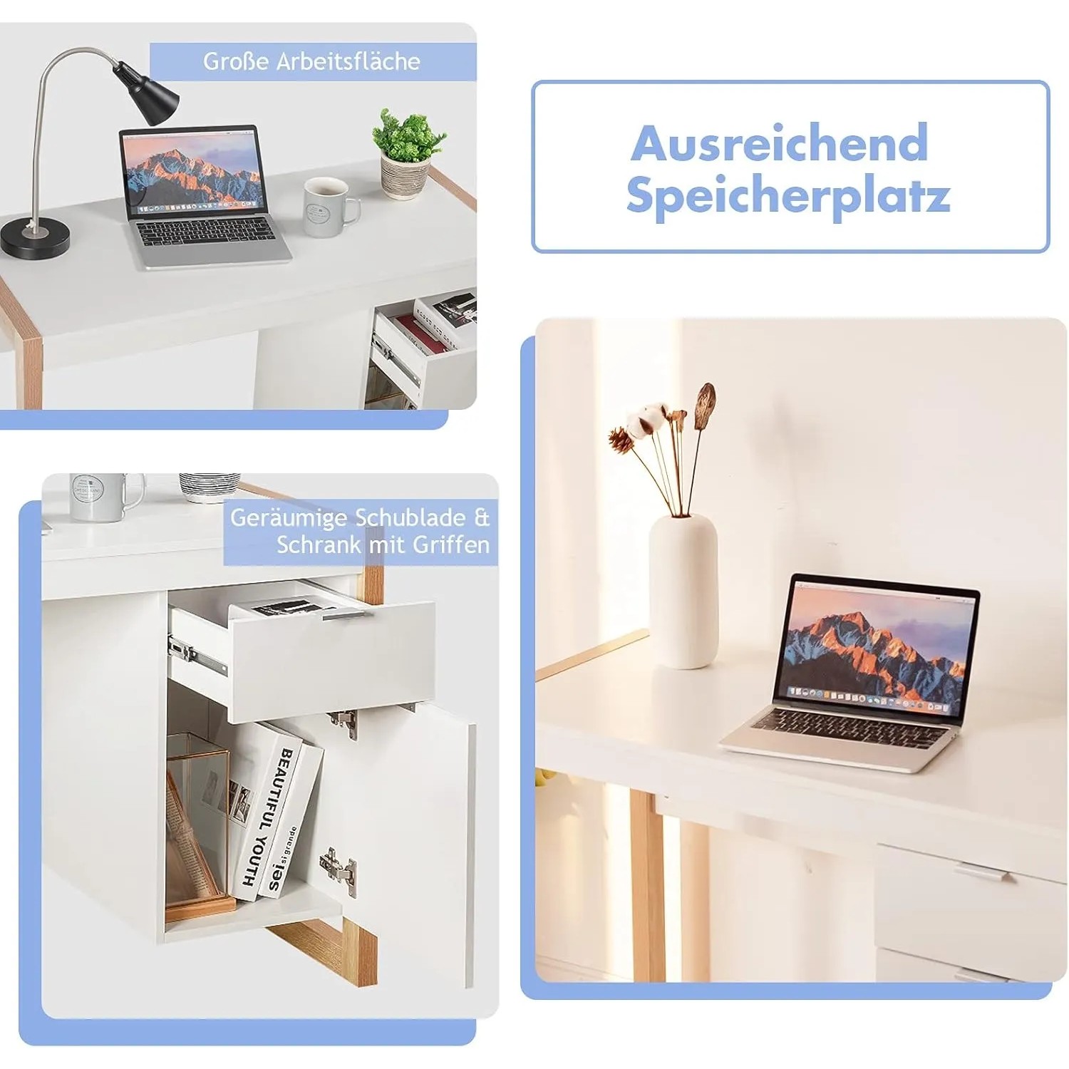 Costway Schreibtisch mit Schublade und Schrank Kinderschreibtisch Weiß_6