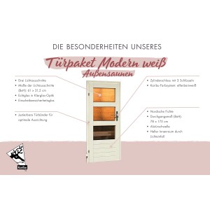 Karibu Türpaket für Außensauna, Modell Modern, elfenbeinweiß, mit drei Lichtausschnitten und Zylinderschloss.