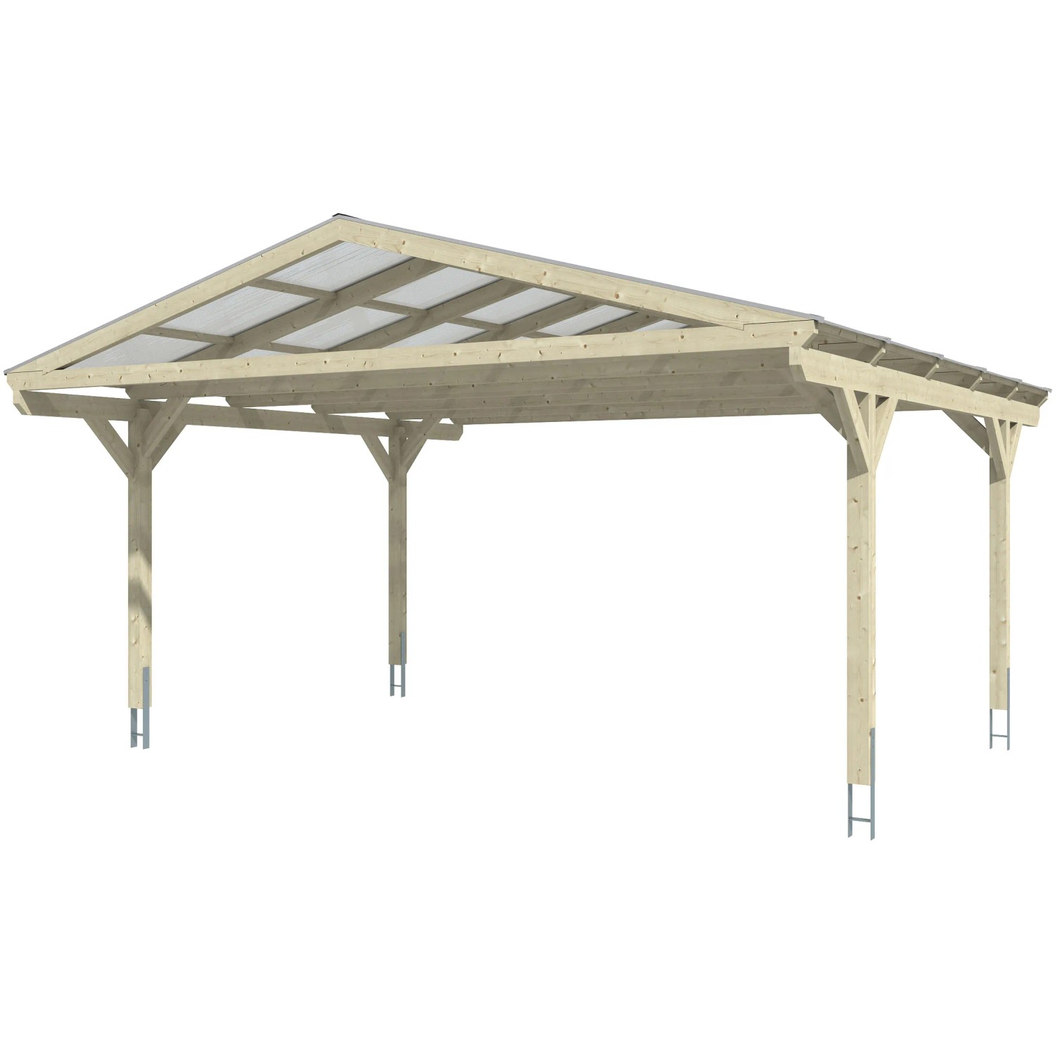 Weißer Skan Holz Carport Westerwald mit Doppelstegplatten und geraden Kopfbändern.