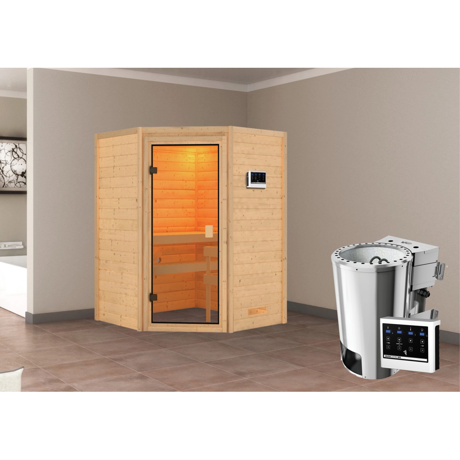Karibu Sauna Antonia mit Bio-Ofen externe Stg.Natur