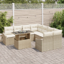 Beige 9-teilige Garten-Sofagarnitur aus Rattan mit Tisch und Kissen.