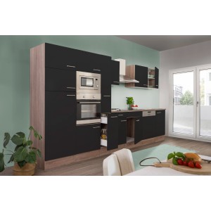 Respekta Küchenzeile KB370EYSMIGKE, 370 cm, Schwarz/Eiche-York-Nachbildung, mit E-Geräten.