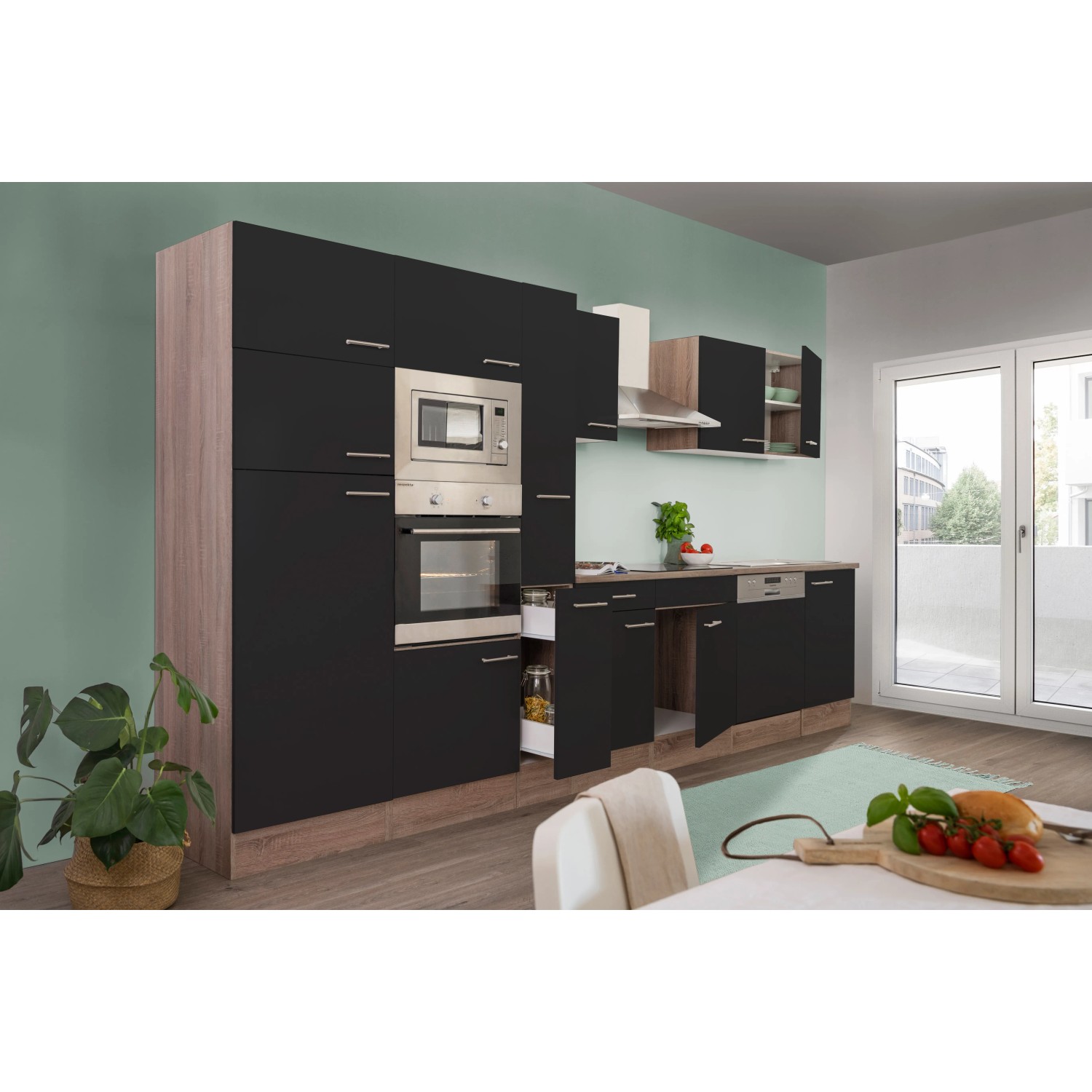 Respekta Küchenzeile KB370EYSMIGKE, 370 cm, Schwarz/Eiche-York-Nachbildung, mit E-Geräten.