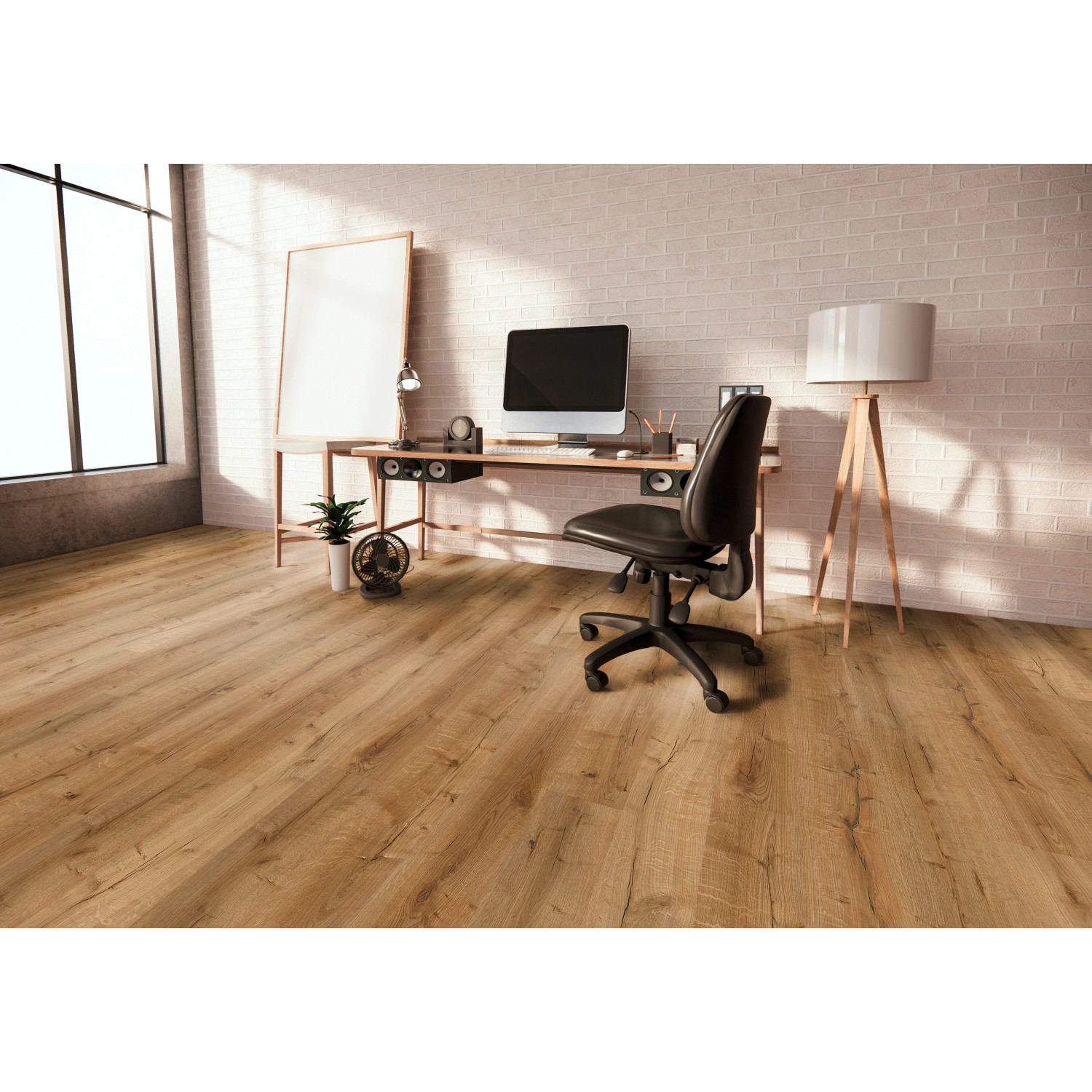 Verlegter Vinylboden Eiche Triest Mittel im Arbeitszimmer mit Büromöbeln.