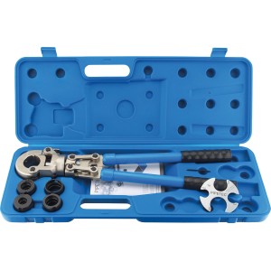 Mechanische Handpresszange für Pressfittings (TH-Kontur) im blauen Koffer mit Prüflehre.
