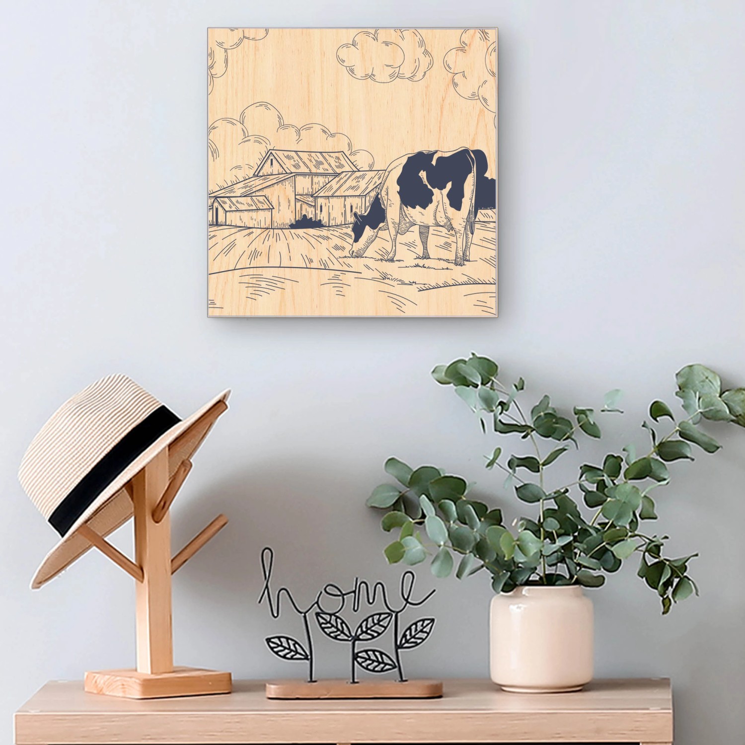 Banjado Schlüsselbox Holz, 30x30cm, Motiv Kuh auf ländlicher Idylle, 50 Haken.