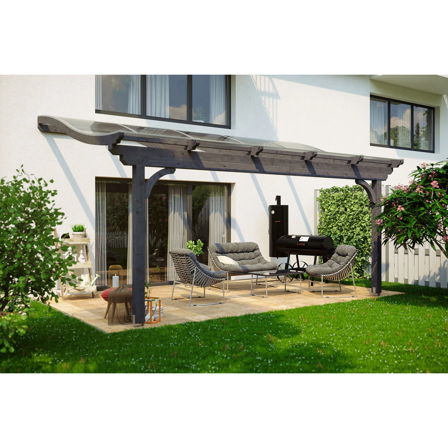Skan Holz Terrassenüberdachung Verona 541 x 389 cm Leimholz Schiefergrau